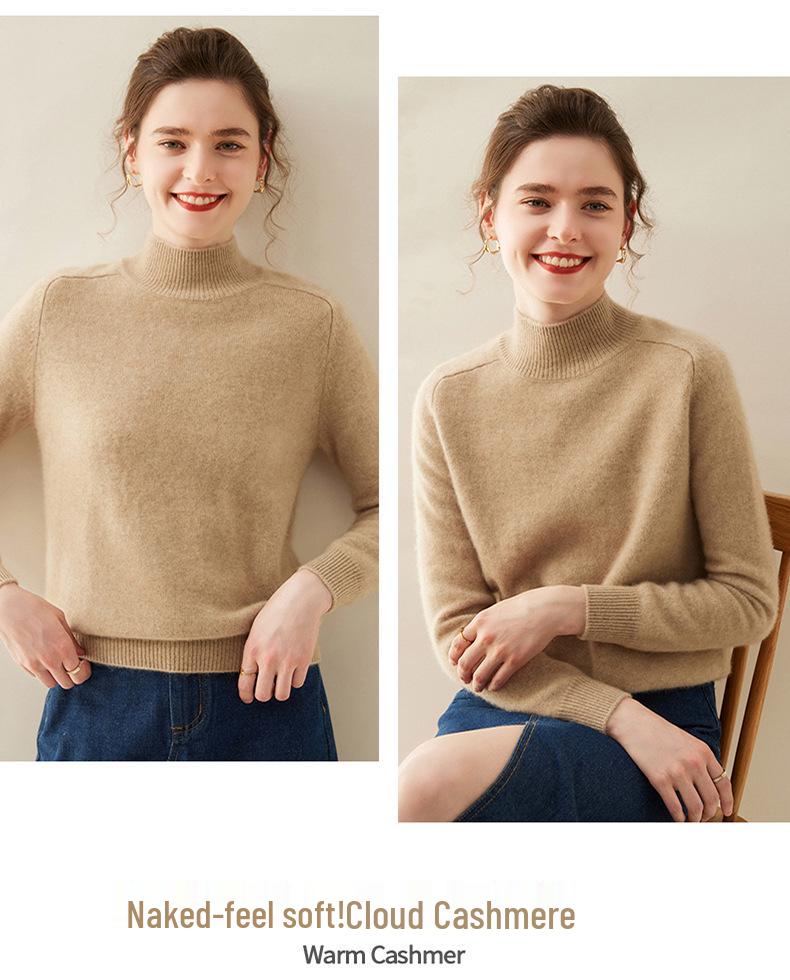 Women's Cashmere Half High-Neck Sweater - Autumn/Winter, Thickened, Solid Color, Loose Saddle Shoulder Knit.