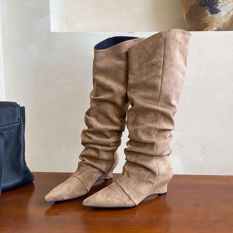 Mode Moderne Damen Kniehohe Stiefel Damen Keilschuhe Mode Slip-On Damen Lange Chelsea Stiefel Mit Keilschuhen Winter Herbst