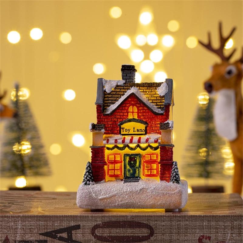 Tabletop Christmas Village House Buildings Lighted Resin Ornaments for Holiday Decor House Figurine with LED Lights