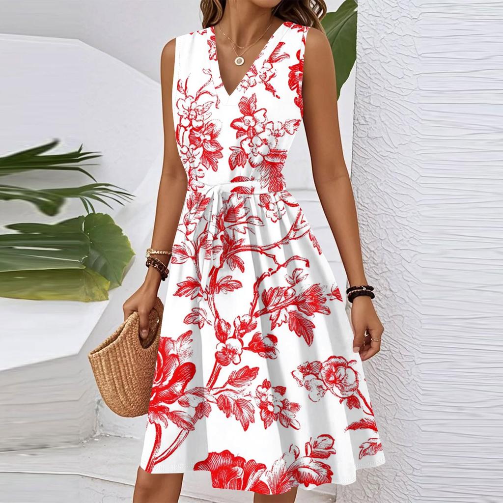 Women's Summer Fashion Loose V-Neck Sleeveless Lace-Up Floral Print Dress