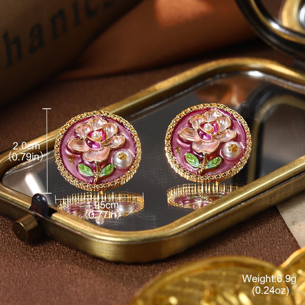 New Chinese Flower Earrings New Xia Baroque Pearl Oil Painting Series Love Enamel Stud Earrings High-end Earrings Women