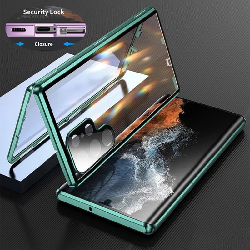 Custodia a Scatto con Telaio Metallico a 360° e Vetro su Entrambi i Lati per Samsung Galaxy S26 S25 S24 S23 S22 S21 Ultra Plus Copertura Telefono con Protezione Completa delle Lenti