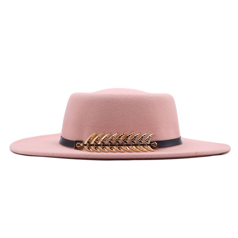 Autumn and winter new women's flat top wide brimmed hat imitation wool top hat felt hat fishbone metal buckle concave shape multi-color