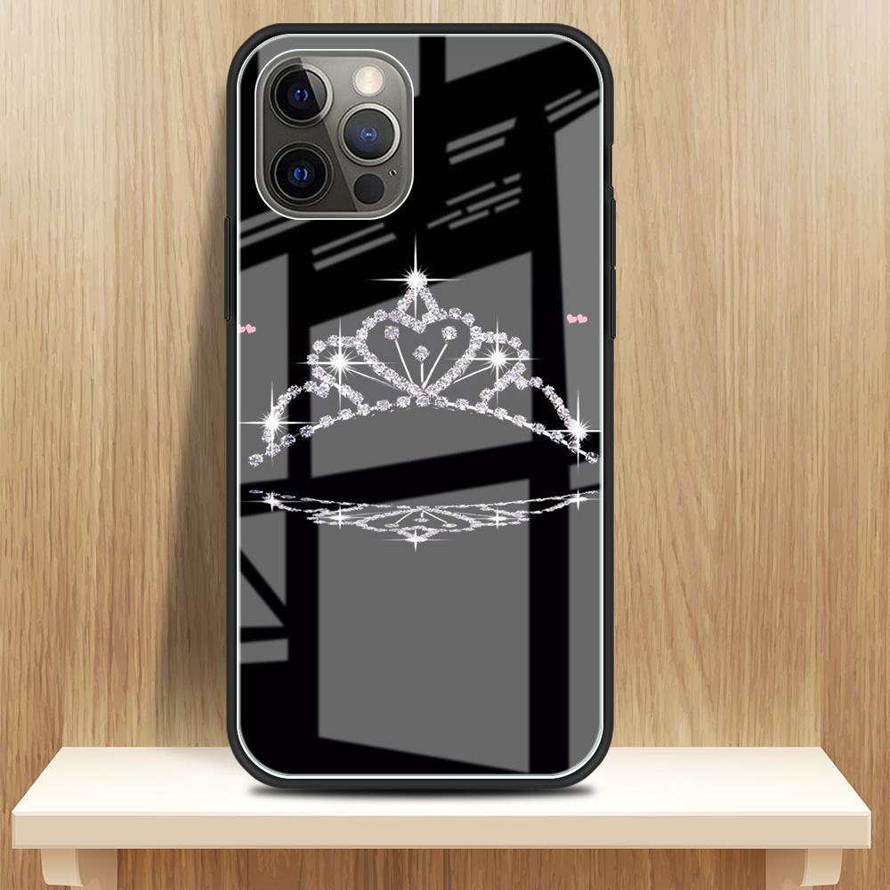 Diamond Crown Printing Glass Case For iPhone 11 13 12 14 Pro XR X XS Max 7 8 6 6S Plus SE 2020 Tempered Black Edge Phone Covers