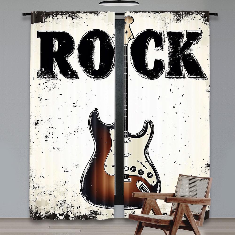 Rock Music Curtains Detailed Guitar Strings Retro Halftone Suitable Living Room Bedroom Set Of 2 Made Polyester Sitting Decor