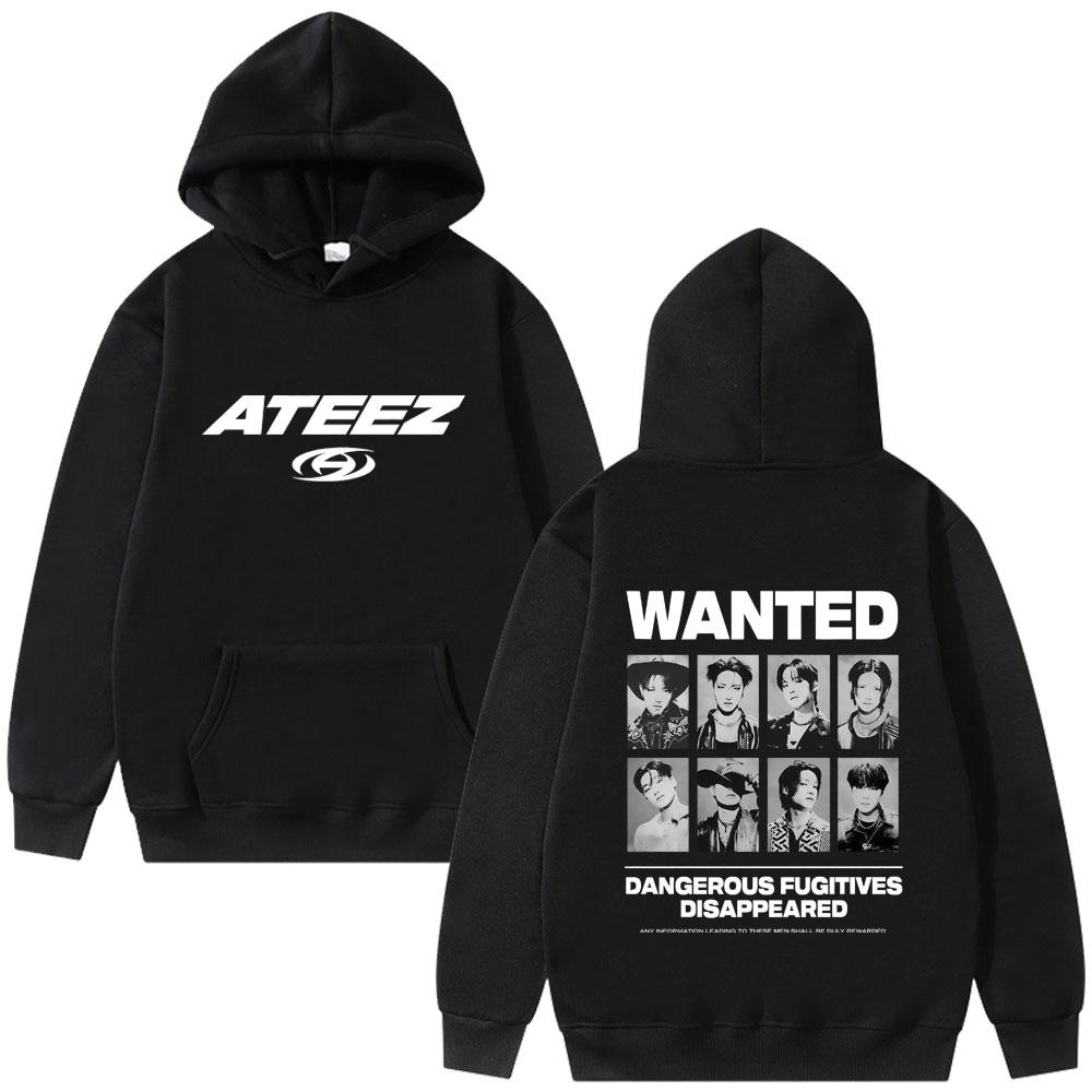 Kpop ATEEZ Wanted Dangerous Fugitives Disappeared Graphic Hoodie Unisex Korean Fashion Trend Hoodies Male Casual Sweatshirt