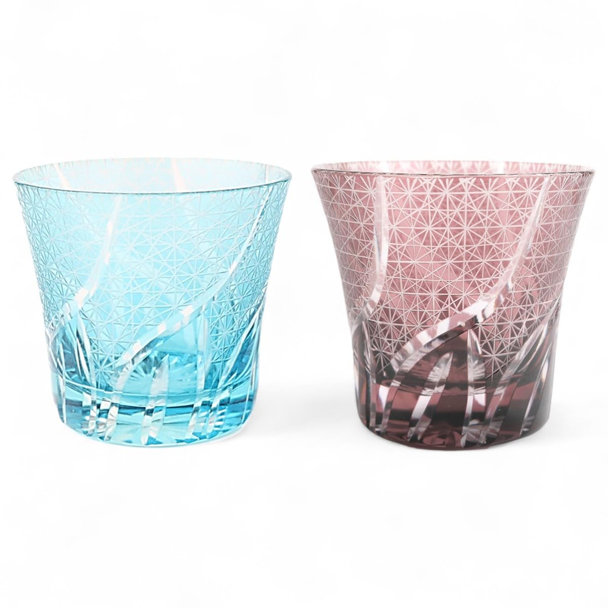 

Mizukage Kiriko Pair of Glass Ranbori Komon Aqua Bishou J-kitchens Cups, 94xH85mm, 240cc, (Small Pattern) & Purple, (Current Model)
