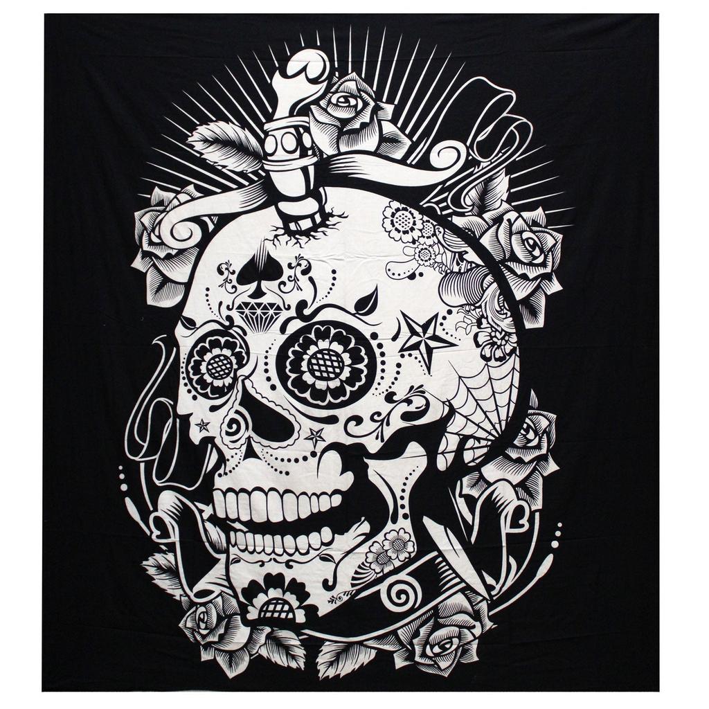 Double Bedspread Wall Hanging - Black White Rose Skull