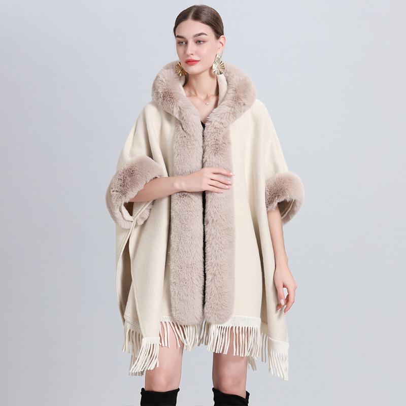 869# Women's Plaid Fleece-Lined Knitted Shawl Cape with Thick Fur Collar