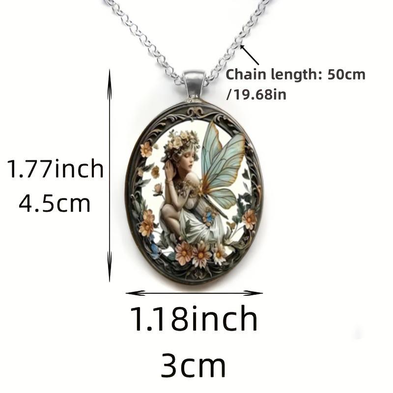 A vintage-style angel fairy round pendant necklace with a dreamy flower fairy time gemstone design, suitable for both men and women.