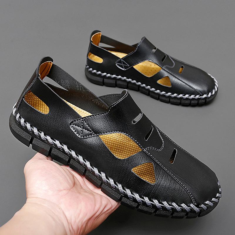 Hand-stitching Mens Casual Shoes New Summer Men Sandals All-match Man Leather Flats Fashion Hollow Out Shoes Breathable Sneakers