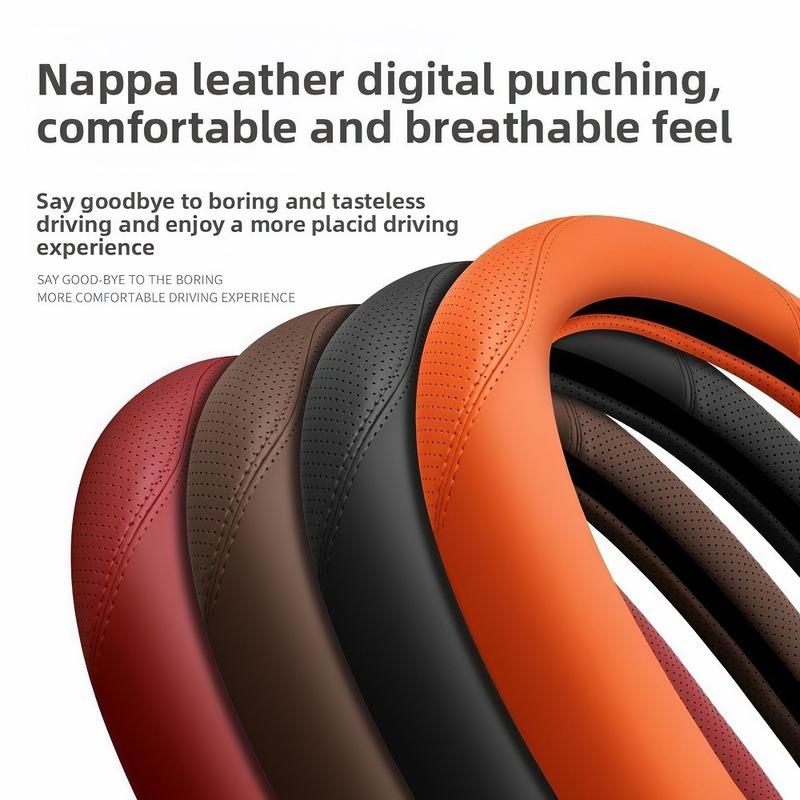 Premium Napa Leather Steering Wheel Cover Laser Perforated Non Slip Grip 14.6-15 In Universal Fit All Season Comfort Easy Tal