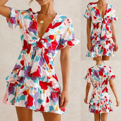 Women Fashion Printed Dress Short Sleeve V-neck Mini Dress Flouncing Hem Bow-tied Summer Dress