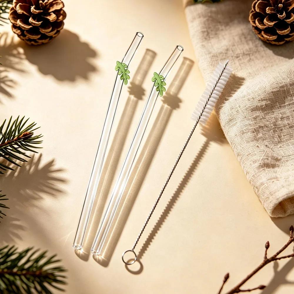 2Pcs Christmas Reusable High Borosilicate Glass Drinking Straws Set Set with 1Pc Brush Milk Shake Coffee Cocktail Straw Bar