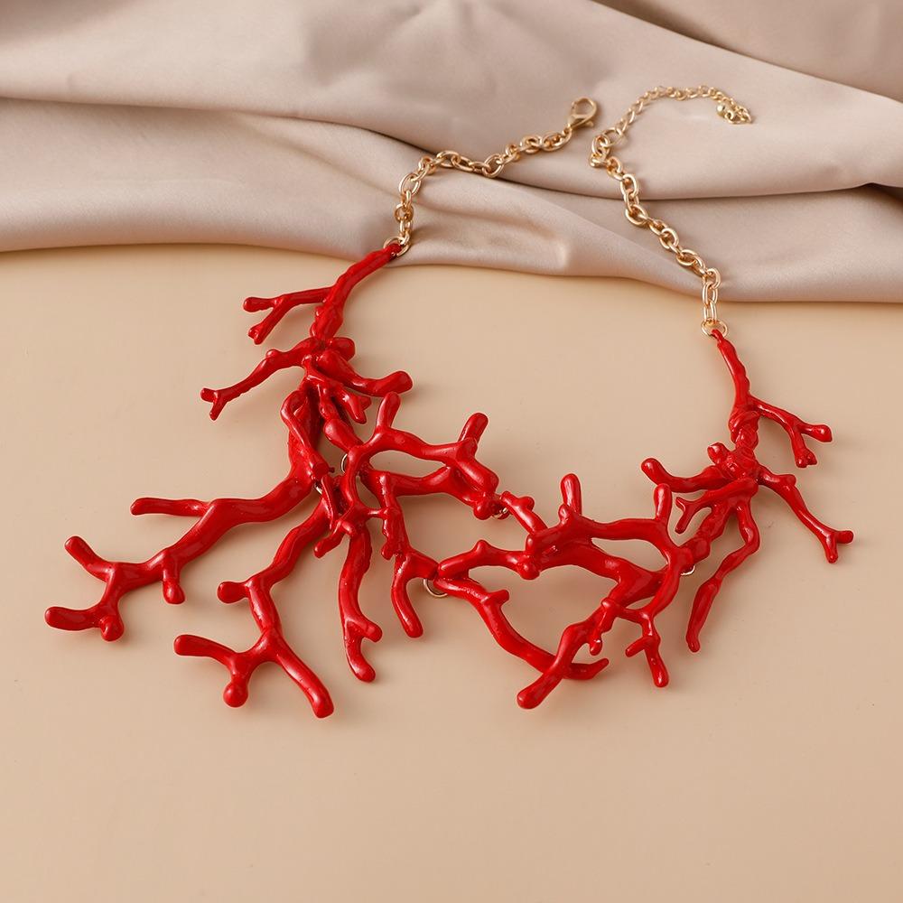 Trendy Exaggerated Coral Collars Bohemia Exaggerated Coral Necklace Red Coral Alloy Necklace