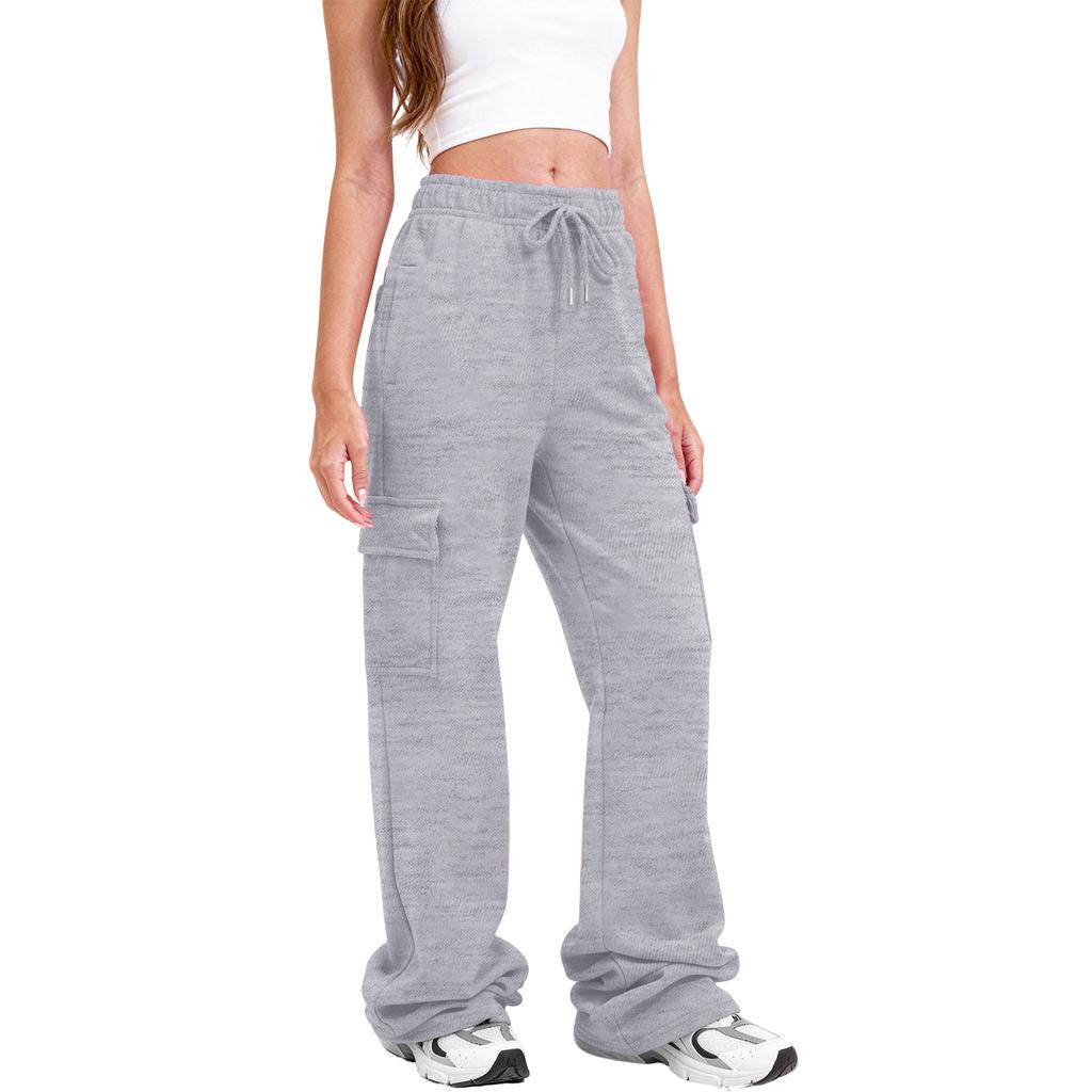 Women Cargo Sweatpants Stacked Pants Warm Fleece Drawstring Waist Casual Joggers Trousers