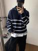 Men's Trendy Black and White Striped Half-Zip Stand-Collar Sweater: Autumn Knitted Base Layer Top