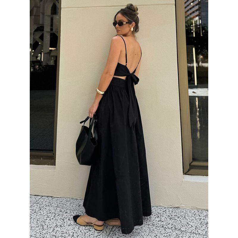 Fashion Women's Suit Sling Tops Open Back Casual Black Loose Long Dress 2025 Summer