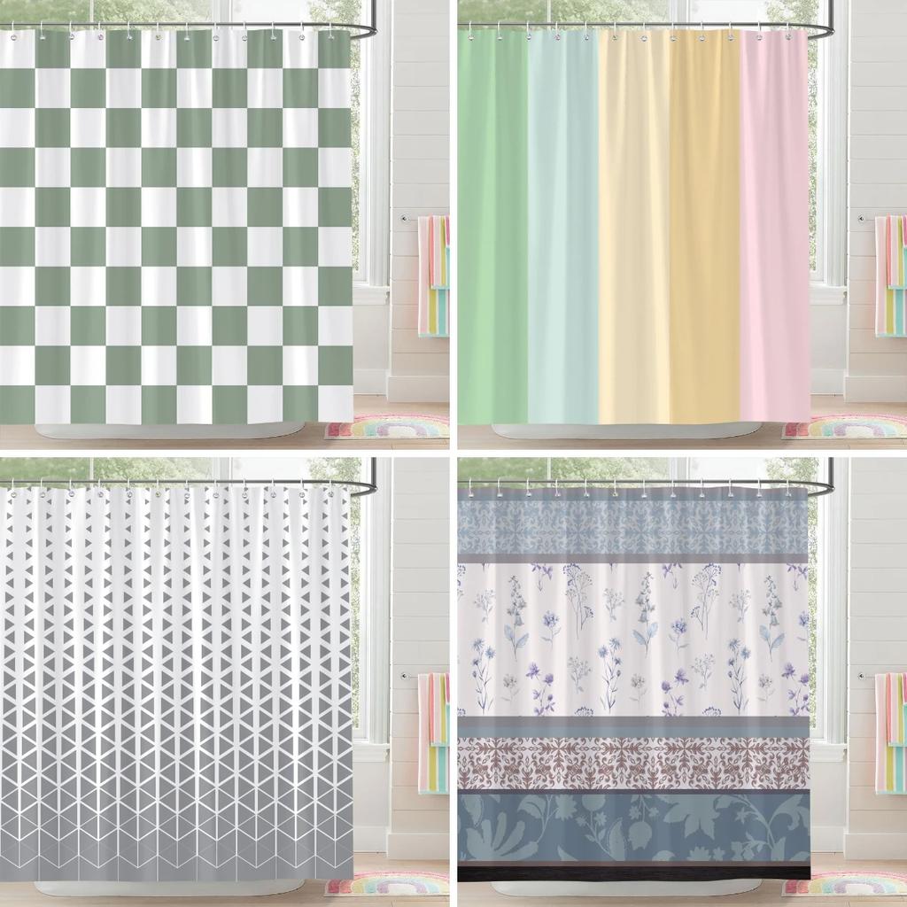 Square and Abstract Line Shower Curtain Geometric Patterns Simple Modern Polyester Fabric Bath Curtain with Hooks Bathroom Decor
