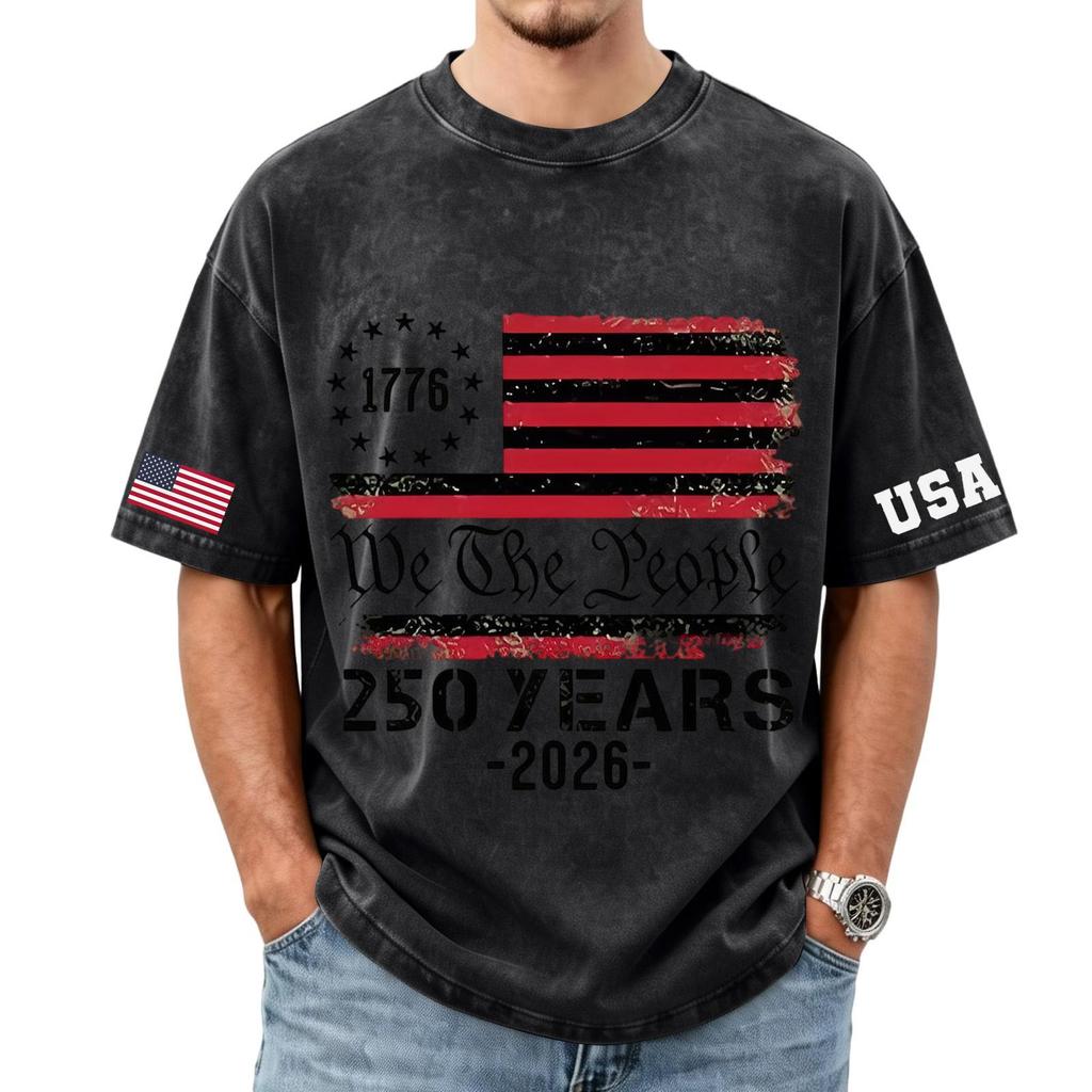 Men's Loose and Casual Flag Letter Print T-shirt - Men's Trendy Washed Short-sleeved Top