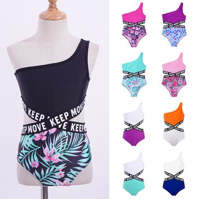 Kids Girls Single Shoulder Strap Letters Printed Swimming Bodysuit
