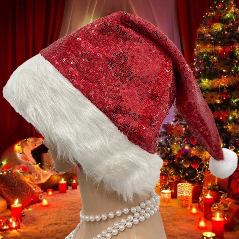 Shimmering Christmas Hat for Adult Kids Santa  Caps with Furry Trim Festival Costume Noel Hat Holiday Sequined Hat