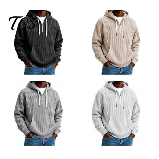 Fashionable Party Wear for Men Hooded Sweatshirt, Quarter Zipper Long Sleeve Pullover Hoodie, Warm Layering Tops Winter Corduroy Sweatshirt