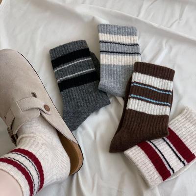 New Year'S Wool Socks Striped Contrasting Basic Korean Thickened Mid-Cut Women'S Socks Pit Strips To Keep Warm