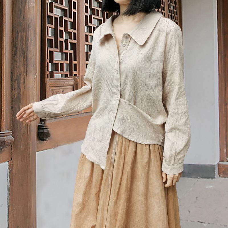 

Johnature Женская осенняя мода в китайском стиле с длинными рукавами, повседневная однотонная рубашка с воротником Питер Пэн L