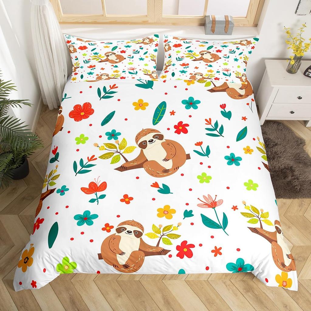 Sloth Bedding Set Kawaii Animals Comforter Cover For Boys Girls Teens,Botancial Flowers Duvet Cover Cartoon Wildlife Quilt Cover