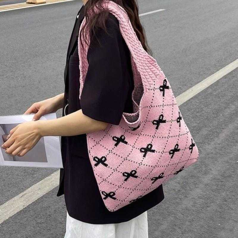 Chegada Nova 2026 Moda Ins Feminina Bolsa Tote de Tricô Grande Capacidade Padrão de Laço Bolsa de Ombro Tecida para Uso Diário