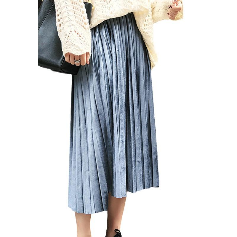 Elegant Pleated Mid-Length Skirt: Spring/Autumn, Solid Color, Elastic Waist, Loose Fit, Plus Size.
