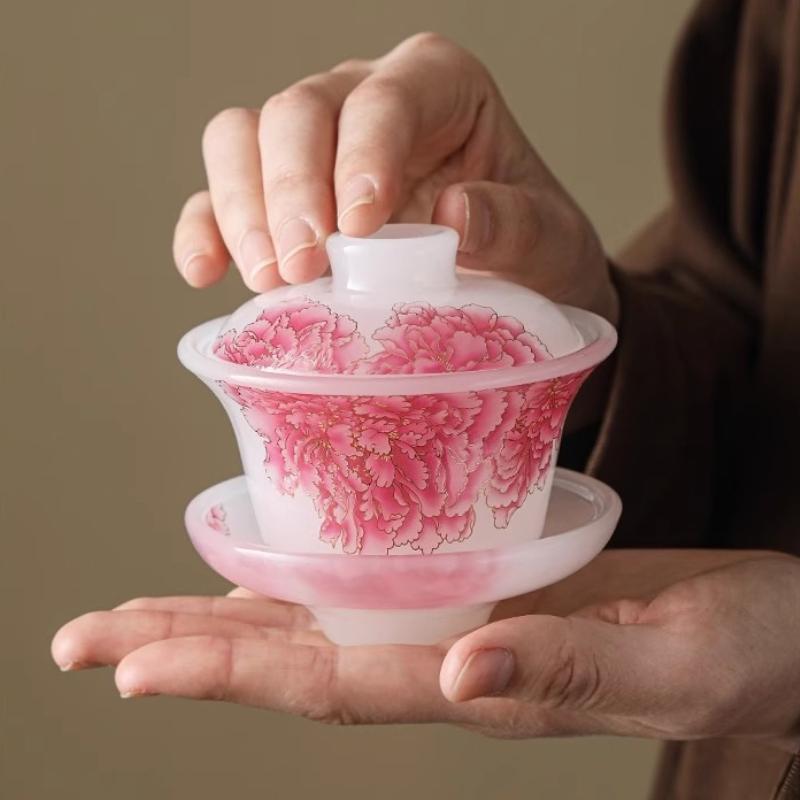 Pink Peony Kung Fu Tea Set Cover Bowl High-grade Anti-scalding Sancai Cover Bowl Light Luxury Tea Brewing Ware Teacup