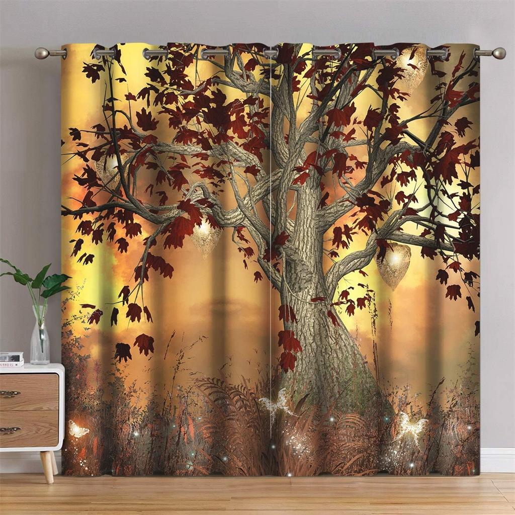 Red Maple Leaf Fall Lake Ocean Trees 3D Curtains 2 Panels Office Living Room Kitchen Bedroom Balcony Window Decor Curtains