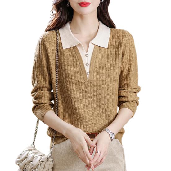 Women Sweater Fake Two-Piece Design Lapels Long Sleeve Fitted Casual Top Autumn