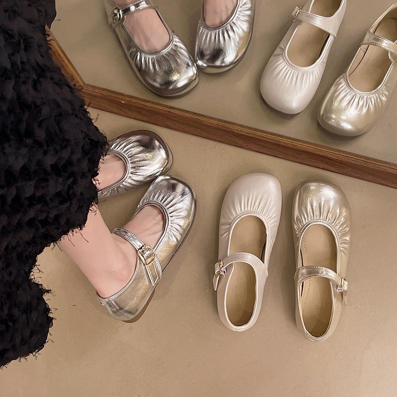 Geplooide flats dames zomer nieuw met rok ronde neus Mary Jane enkele schoenen kleine leren schoenen