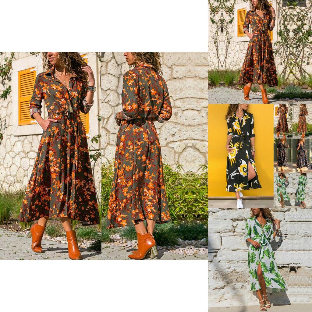 Elegant Women Long Sleeve Loose Split Maxi V-neck Button Shirt Dress Sundress