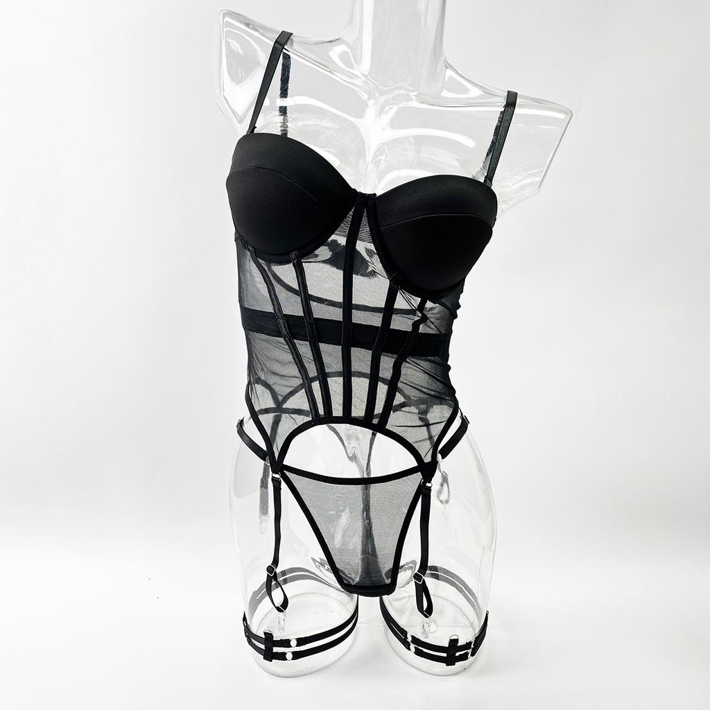 Sexy lingerie women's ultra-thin mesh sling leg ring perspective temptation gathering bra three-piece set