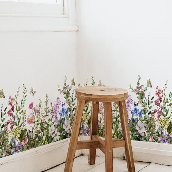 Yousheng 2 Sheets Watercolor Floral Wall Corner Stickers Wildflower Butterflies Green Grass Baseboard Skirting Line Wall Decals for Bedroom Living
