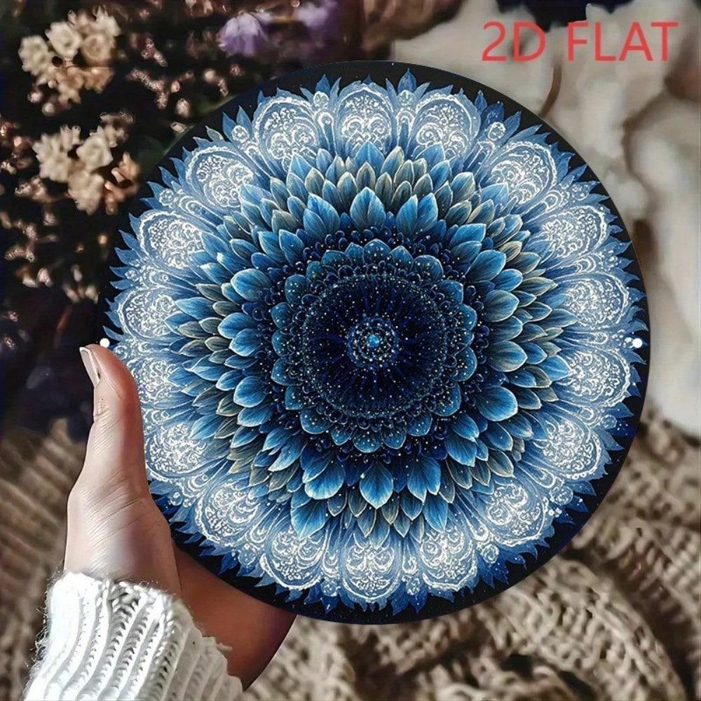 Vintage Retro Blue Sunflower Metal Wall Art 8x8 Inch Round Aluminum Geometric Floral Home Decor