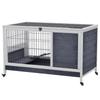 Rabbit and Guinea Pig Cage with 4 Wheels, House, Ramp and Removable Tray, Natural Wood, Grey and White, 90x53x59 cm