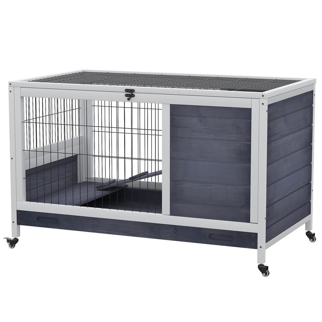 Rabbit and Guinea Pig Cage with 4 Wheels, House, Ramp and Removable Tray, Natural Wood, Grey and White, 90x53x59 cm