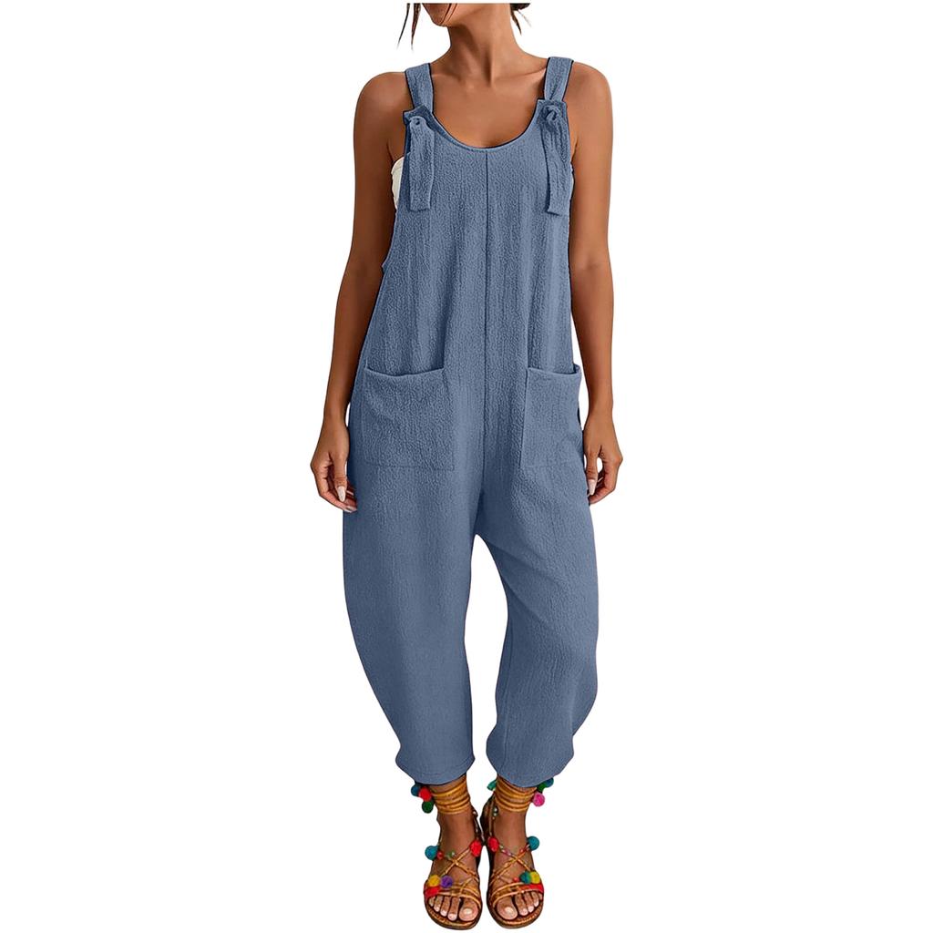 Women's Spring Jumpsuits Adjustable Strap Vintage Color Sleeveless Pants With Pockets