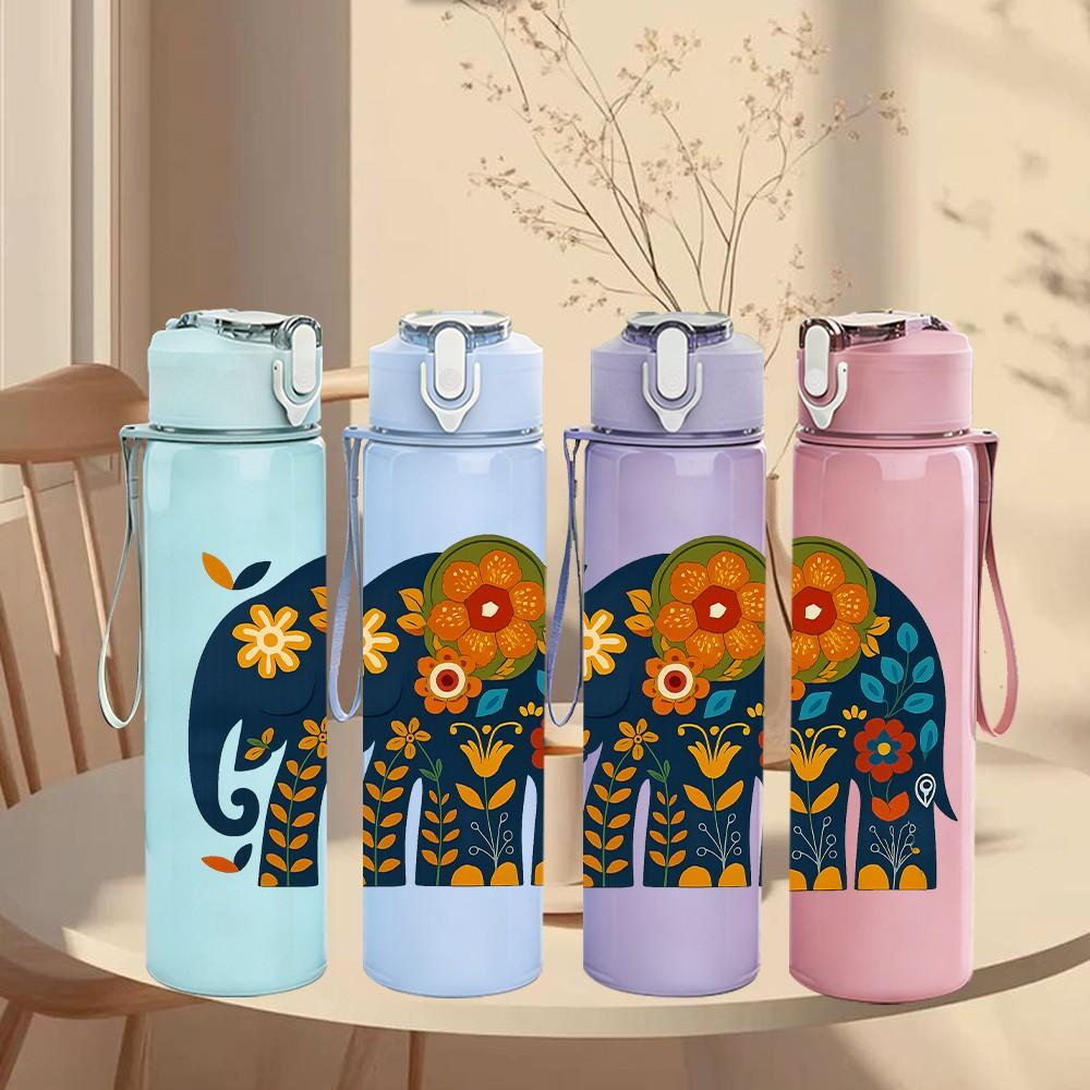 1PC Decorated Asian Elephant Print 750ml Color Plastic Sports Water Bottle Leakproof Flip Straw Lid Suitable for Sports Office Home Use