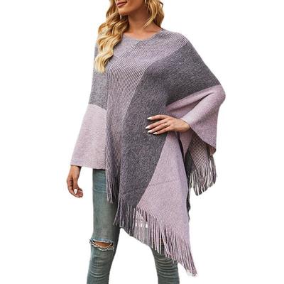 Women's Autumn/winter V-neck Sweater Color-blocking Fringed Cloak Sweater Coat