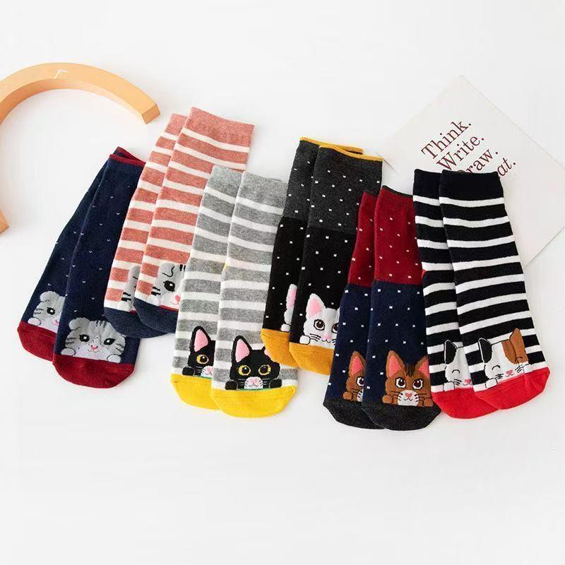 5 Pairs Fun Kitten Cotton Socks Gift Cute Cat Socks Women Cartoon Animal Crew Socks Colorful Casual Sock Set