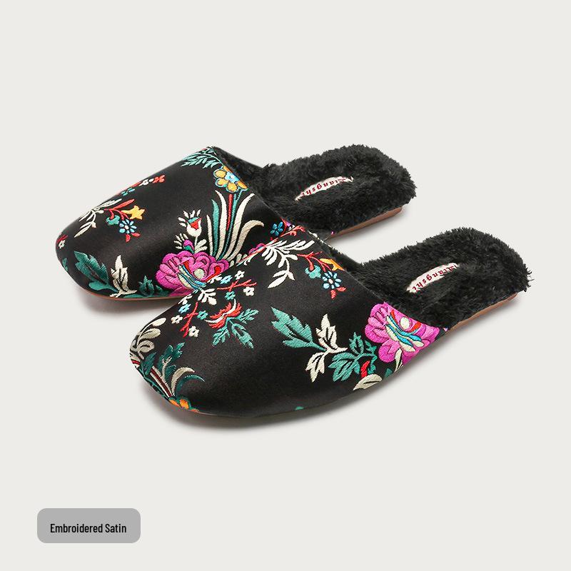 Elegant Winter Indoor Slippers: Embroidered Satin Cotton, Non-Slip Thick Sole, Plus Velvet Warmth for Men & Women