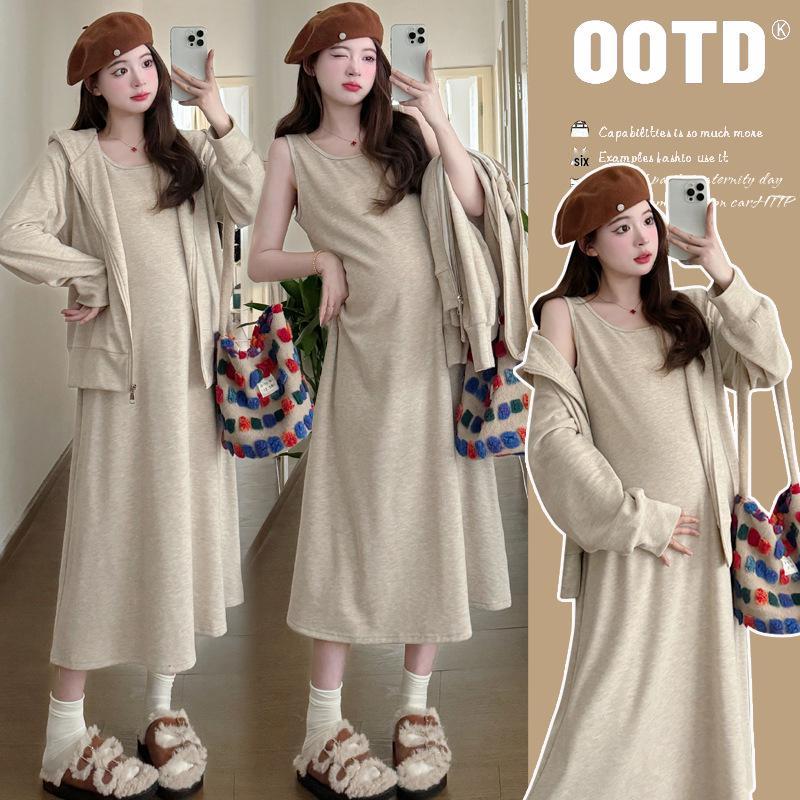 

2025 Maternity Two-Piece: Spring/Autumn Hooded Sweatshirt & Vest Dress Set M