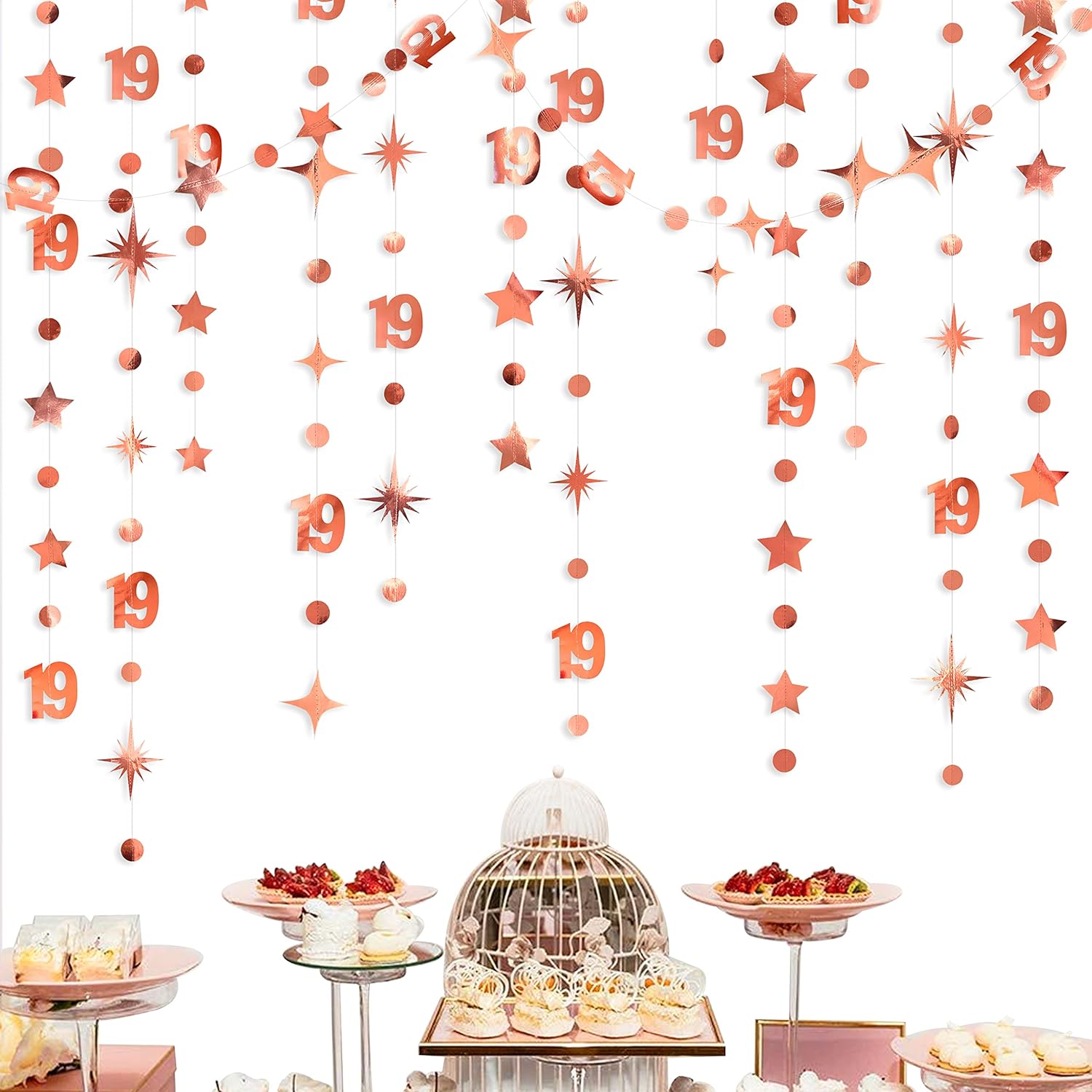 Rose Gold 19th Birthday Decorations Number 19 Circle Dot Star Garland Streamer Bunting Banner Backdrop for Girls Nineteen Year Old Birthday 19 and