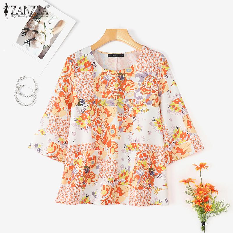 ZANZEA Women Casual Round Neck Loose Short Sleeve Floral Blouse